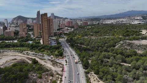 Aerial View of Benidorm Skyline and City Park Alicante Spain Stock Footage 320829295