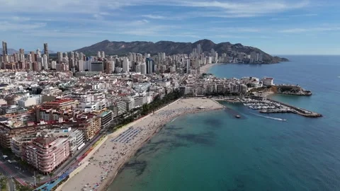 Aerial view of Benidorm skyline beach and Mediterranean coast Stock Footage 330748832