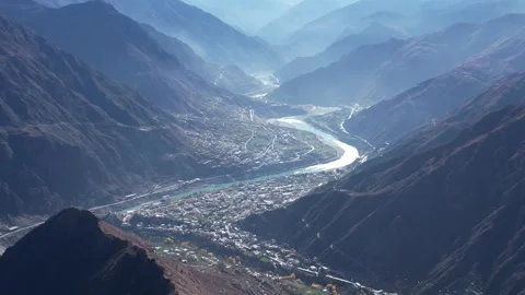 Aerial View of Benzilan Town on Jinsha River, Yunnan, China Stock-Footage 335702453