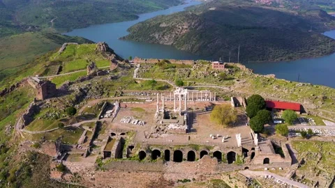 Aerial view of bergama pergamon ancient city acropolis and ancient theater Video stock 234740382