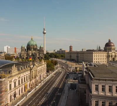 Aerial view of Berlin with dramatic clouds in twilight during blue hour Germany Foto stock