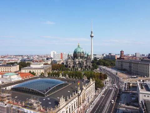 Aerial view of Berlin with dramatic clouds in twilight during blue hour Germany Stock Photos