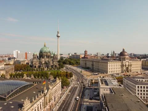 Aerial view of Berlin with dramatic clouds in twilight during blue hour Germany Foto stock