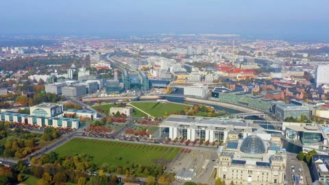 Aerial View of Berlin Government District Reichstag and Spreebogen Germany Stock-Footage 337887828