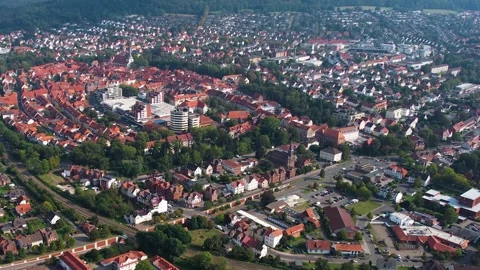 Aerial view beside the old town and above the city Northeim Vídeo Stock 342406313