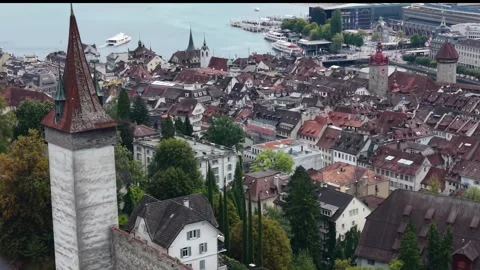 Aerial view beside the old town and castle  above the city Lucern Vídeos de archivo 343920135
