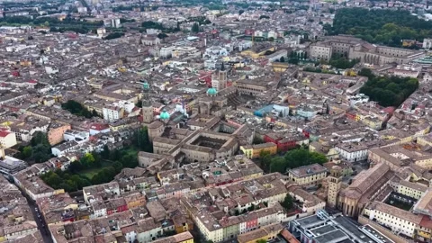 An aerial view beside the old town  above the city Parma Vídeo Stock 344048045