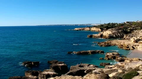 Aerial view between Castelo beach, and Gale beach, Algarve, Portugal Stock Footage 152018843