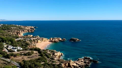 Aerial view between Castelo beach, and Gale beach, Algarve, Portugal Stock Footage 152024678