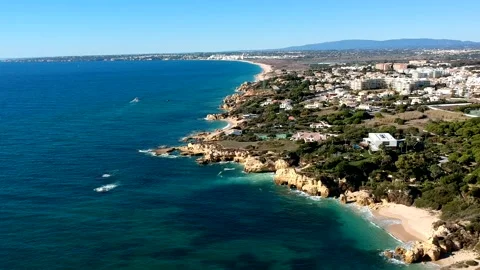 Aerial view between Castelo beach, and Gale beach, Algarve, Portugal Stock Footage 152033312