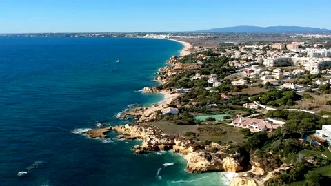Aerial view between Castelo beach, and Gale beach, Algarve, Portugal Stock Footage 152034623
