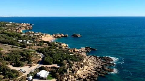 Aerial view between Castelo beach, and Gale beach, Algarve, Portugal Stock Footage 152038523