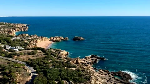 Aerial view between Castelo beach, and Gale beach, Algarve, Portugal Stock Footage 152041651