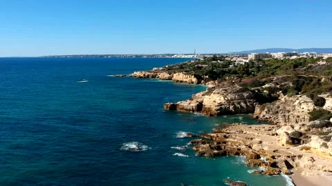 Aerial view between Castelo beach, and Gale beach, Algarve, Portugal Stock Footage 152046300
