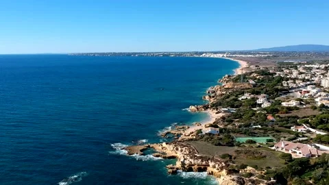 Aerial view between Castelo beach, and Gale beach, Algarve, Portugal Stock Footage 152054715