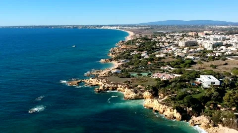 Aerial view between Castelo beach, and Gale beach, Algarve, Portugal Stock Footage 152066069