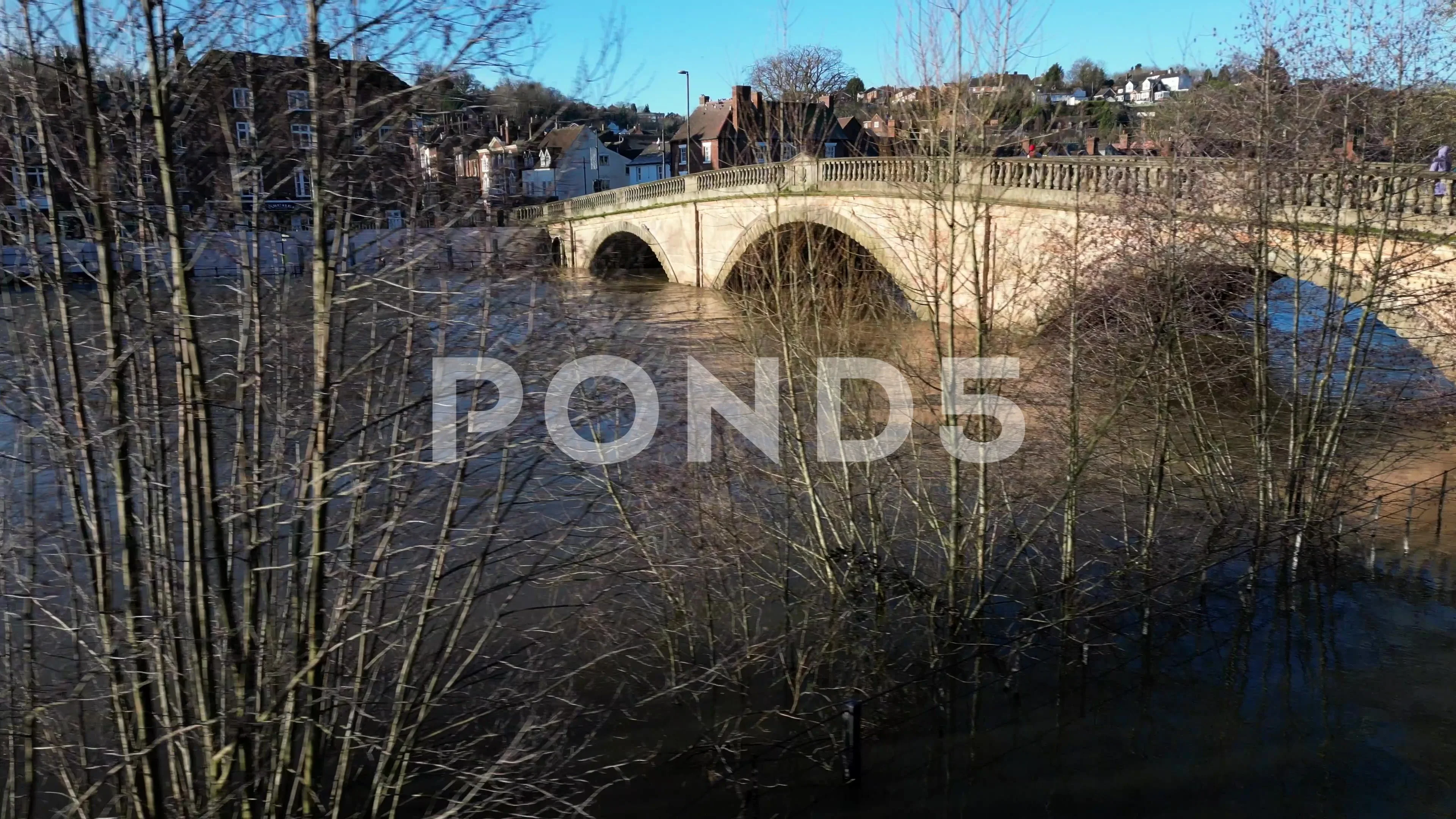 Aerial view of Bewdley bridge and the River Severn in full flood