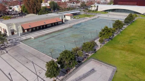 Aerial View of Bicentenario Square, Pool and Theater, Urban Public Park in San Stock Footage 343991036