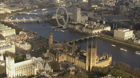 Aerial view of Big Ben and the Houses of Parliament in London Stock Footage