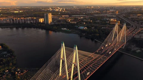 Aerial view of big Bridge. Highways in Russia with structure of suspension Stock Footage 108970832