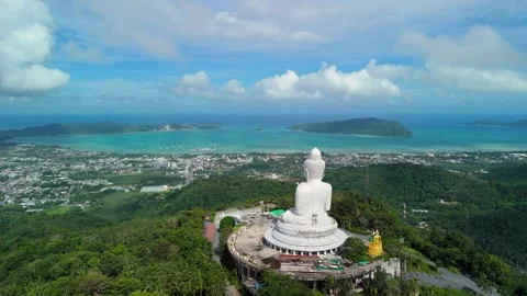 Aerial view of Big Buddha statue overlooking Phuket, Thailand. Stock Footage 339635246