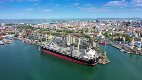Aerial view of a big cargo ship on port of Burgas, Bulgaria 스톡 동영상 308802989