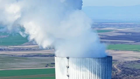 Aerial view to big chimney a coal-fired power plant in Eastern Europe, Stara Stock Footage 333358946