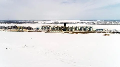 Aerial View of the Big Grain Elevator in Winter 스톡 사진