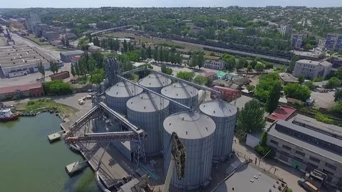 Aerial view of big grain elevators on the sea Video stock 74790725