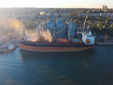 Aerial view of big grain elevators on the sea. Loading of grain on a ship. Port Stock Footage 81015285