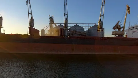 Aerial view of big grain elevators on the sea. Loading of grain on a ship. Port Stock Footage 99205732