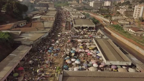 Aerial view  of the big Market of  Yaoundé, Cameroon Stock Footage