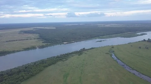 Aerial view on a big Oka river  in the middle Russia Stock Footage