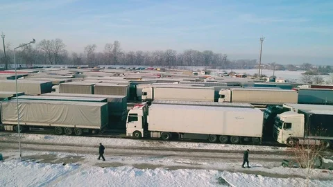 Aerial View: Big queue of trucks. Truck sump. HD Stock Footage 104617299