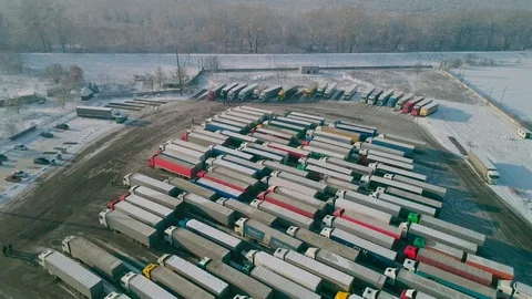 Aerial View: Big queue of trucks. Truck sump. HD Видео 104617578