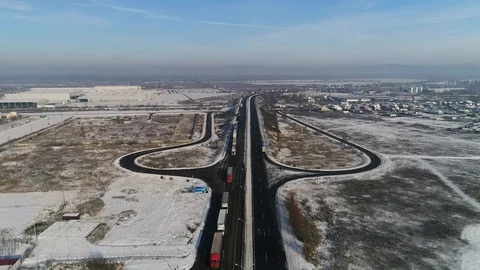 Aerial view: Big queue of trucks. Truck sump. Long queues at the customs. HD Видео 104618671