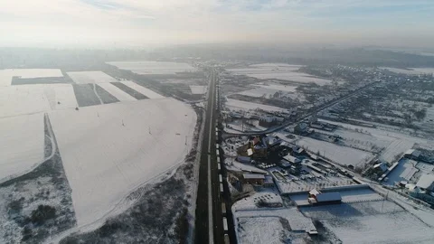 Aerial view: Big queue of trucks. Truck sump. Long queues at the customs. HD Видео 104619167
