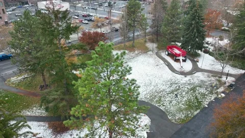 Aerial view of the big red wagon playground in Spokane's downtown district. Vídeo Stock 224647626