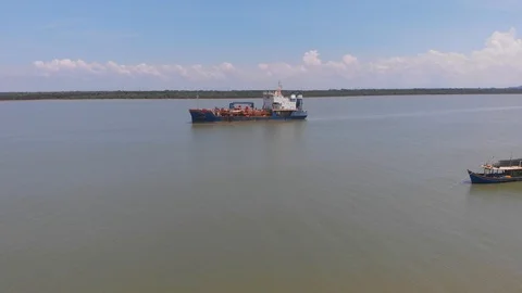 Aerial View Of Big Ship stop at middle sea Stock Footage 107153238