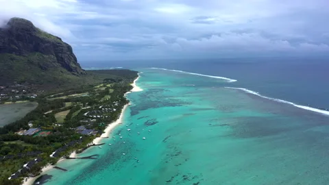 Aerial view: Big waves, ocean and beach line of Mauritius island Stock Footage 209525581