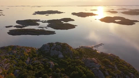 Aerial view of Billdal archipelago at sunset, Sweden. Stock Footage 340298436
