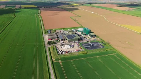 Aerial view of Bioganix Ltd facility and surrounding fields, United Kingdom. Stock Footage 333341157