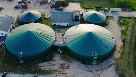 Aerial view of Biogas extraction complex. Biogas plant. Stock Footage 291380011