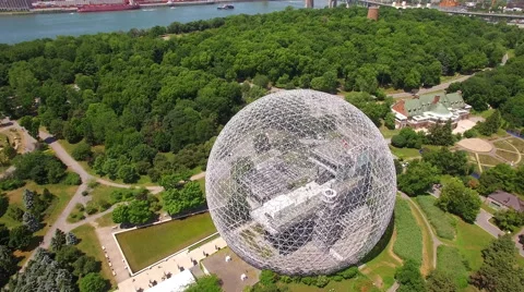 Aerial View of Biosphere and Jacques Cartier Bridge in Montreal, Quebec, Canada Video stock 67263216