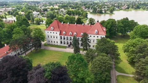 Aerial View of Biržai Castle Lithuania Surrounded by Lush Parks and Lake Stock-Footage 339924850