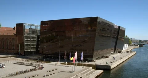 Aerial view of The Black Diamond (Sorte Diamant) Royal Library in Copenhagen, Stock Footage 90550077