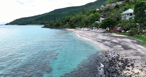 Aerial View of Black Sand Beach and Turquoise Water in Amed Bali Stock Footage 334371886