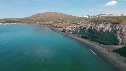 Aerial view of the black volcanic beach in Iceland and rocks in the sea Stock Footage 245384896