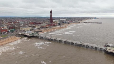Aerial view of Blackpool town and sea front promenade beach Stock Footage 340847146