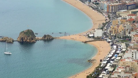 Aerial view of "BLANES", beaches, seafront, and town.Time lapse. Stock Footage 90095865